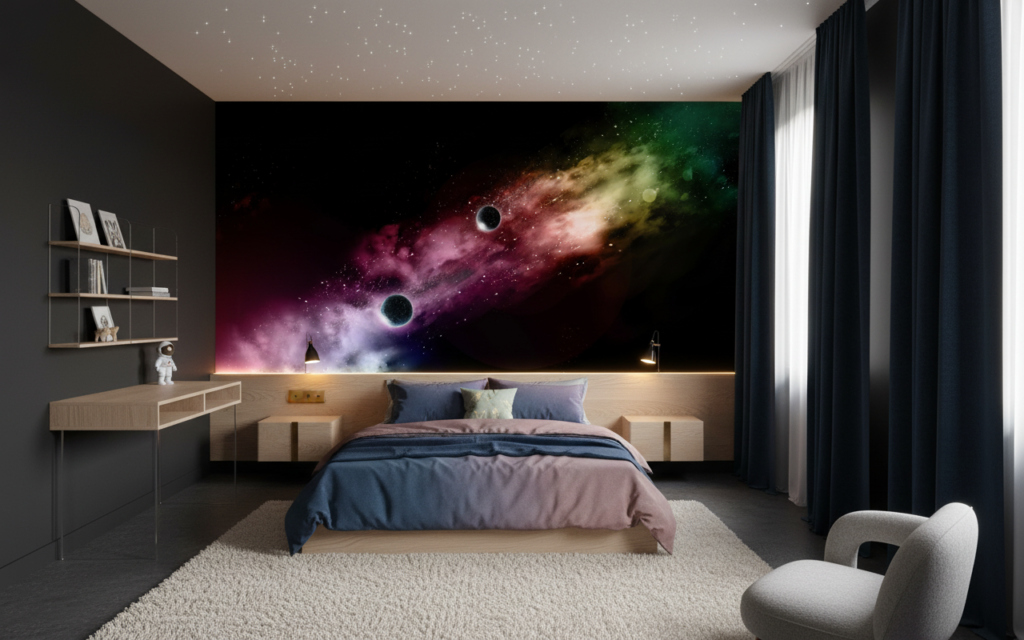 Papier Peint Cosmos Mystérieux Planètes et Nébuleuses Colorées - Chambre enfant