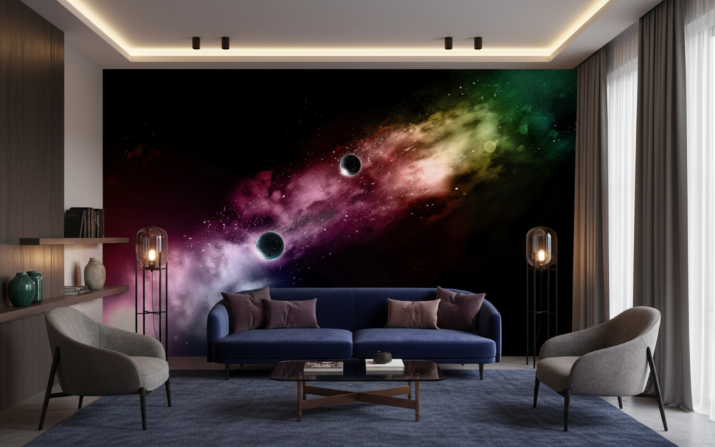 Papier Peint Cosmos Mystérieux Planètes et Nébuleuses Colorées - Salon / Séjour