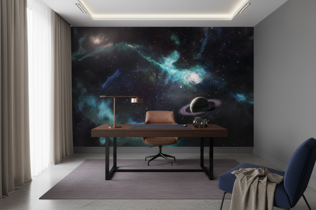Papier Peint Cosmos Mystique avec Planète Saturne et Nébuleuses Turquoise - Bureau