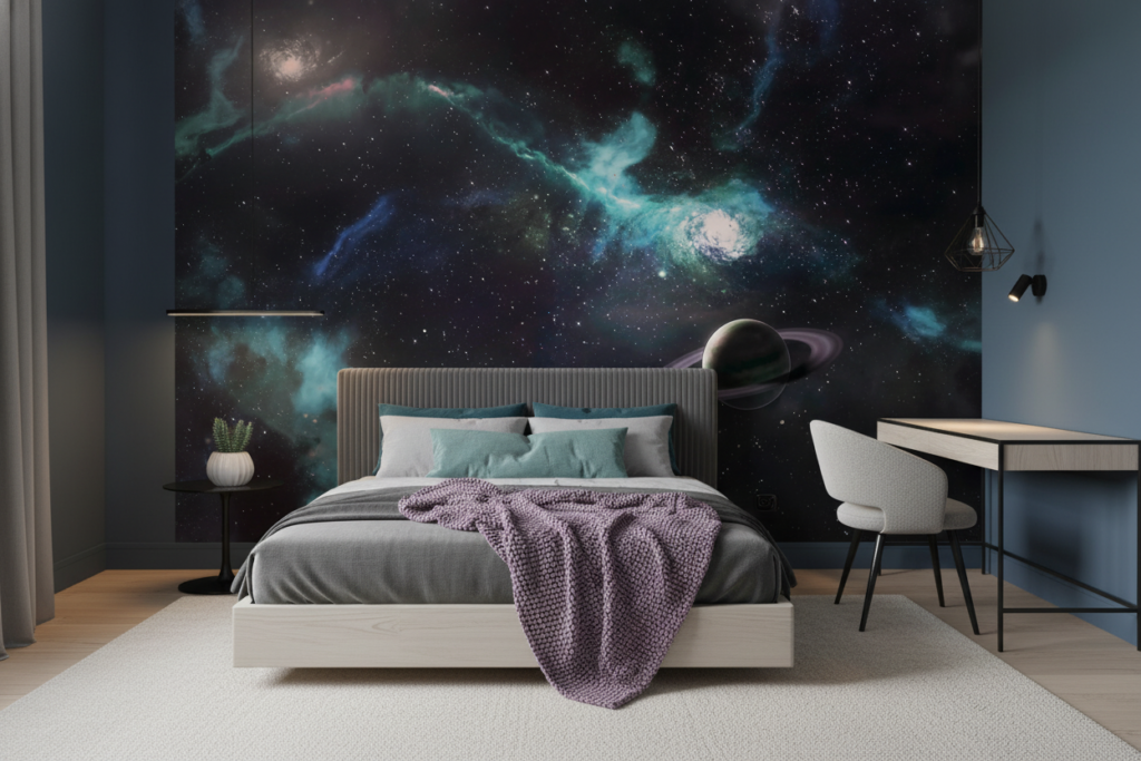 Papier Peint Cosmos Mystique avec Planète Saturne et Nébuleuses Turquoise - Chambre ado
