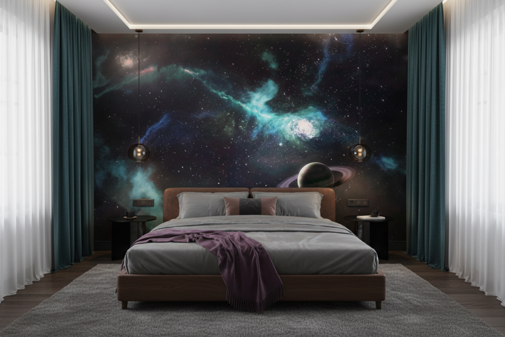 Papier Peint Cosmos Mystique avec Planète Saturne et Nébuleuses Turquoise - Chambre adulte