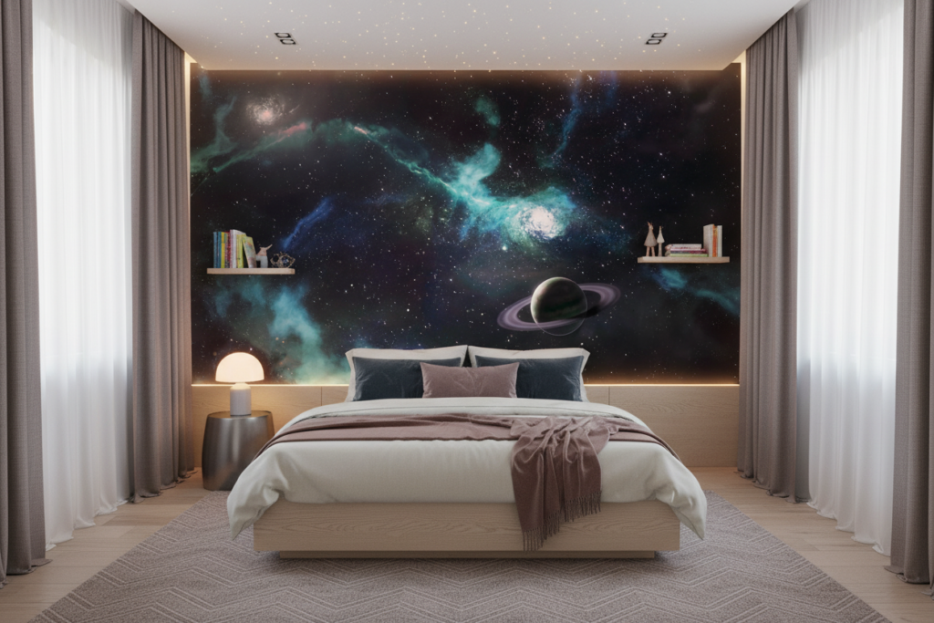 Papier Peint Cosmos Mystique avec Planète Saturne et Nébuleuses Turquoise - Chambre enfant