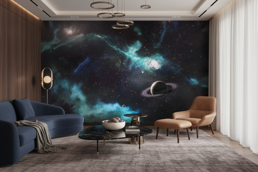 Papier Peint Cosmos Mystique avec Planète Saturne et Nébuleuses Turquoise - Salon / Séjour