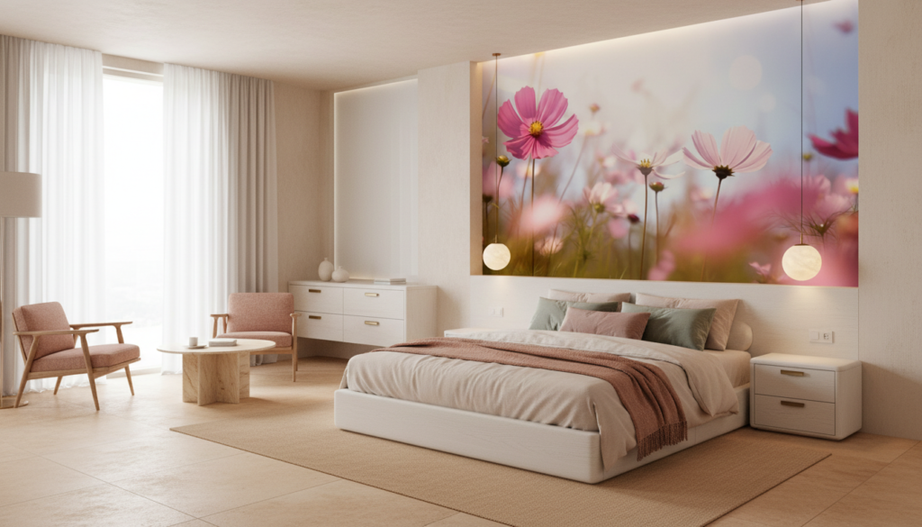 Papier peint cosmos roses délicats champ fleuri lumineux pastoral - Chambre adulte