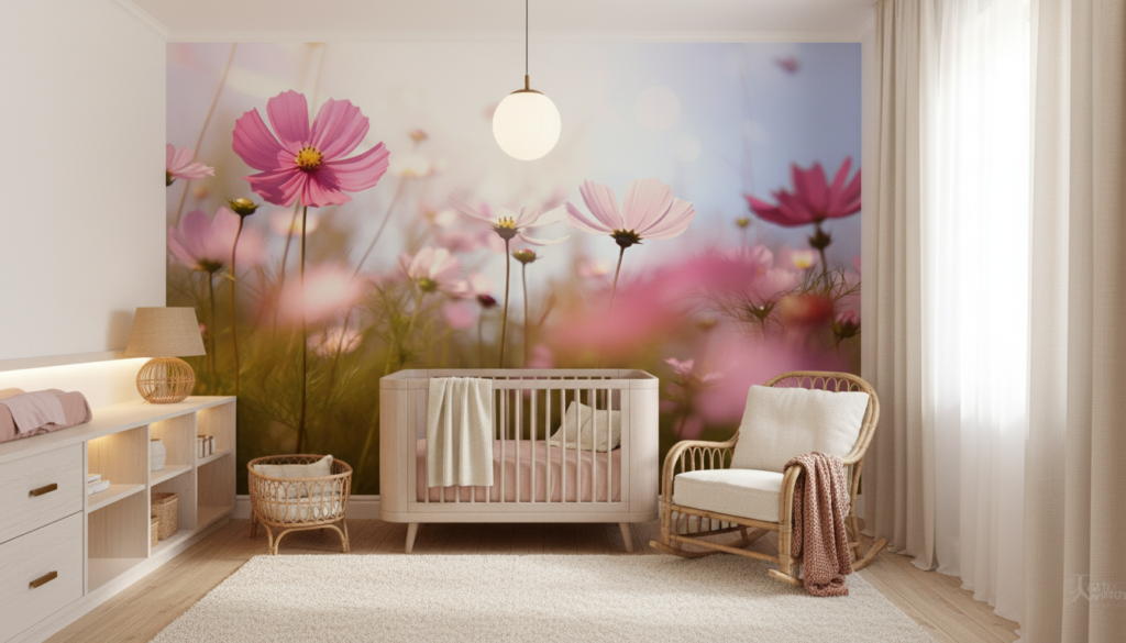 Papier peint cosmos roses délicats champ fleuri lumineux pastoral - Chambre bébé