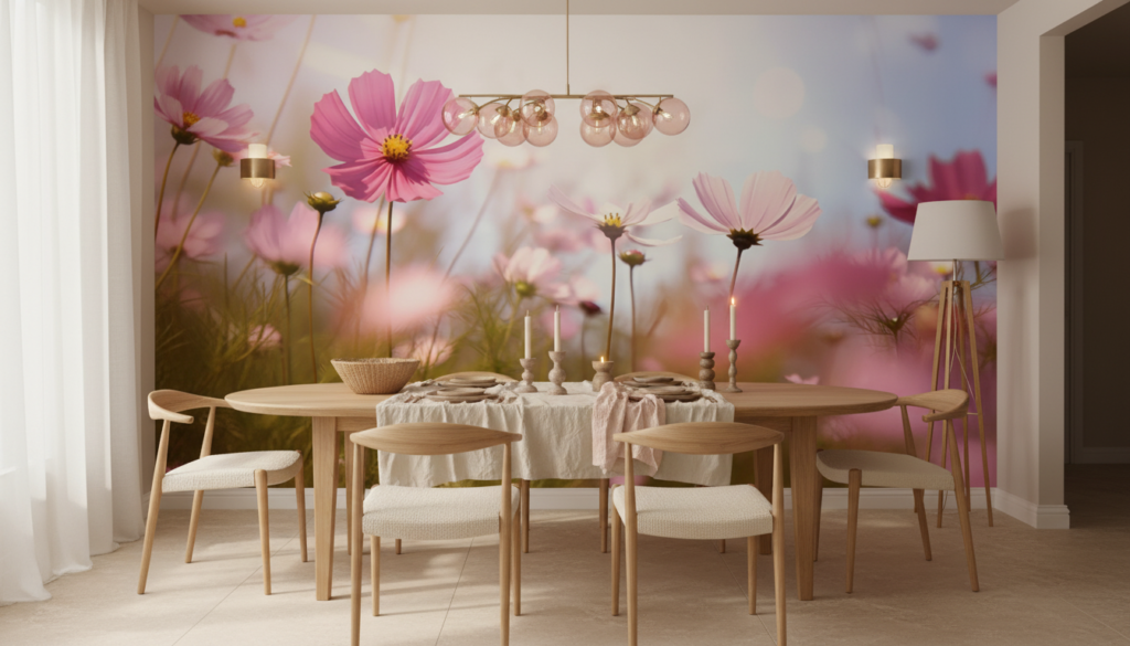 Papier peint cosmos roses délicats champ fleuri lumineux pastoral - Salle à manger