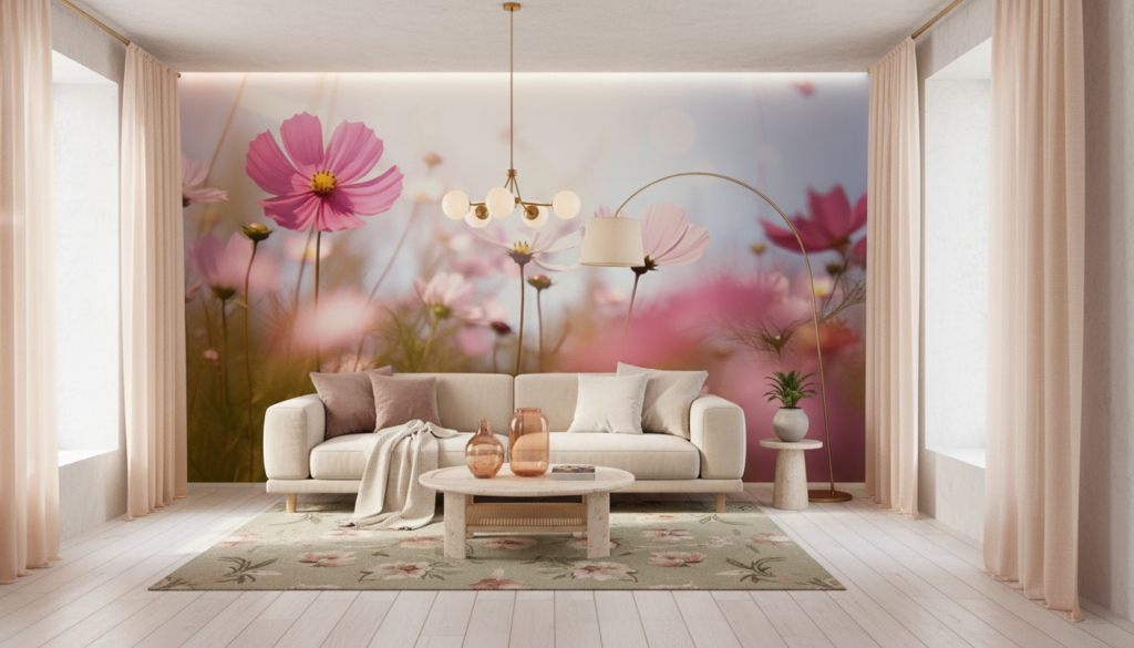 Papier peint cosmos roses délicats champ fleuri lumineux pastoral - Salon / Séjour