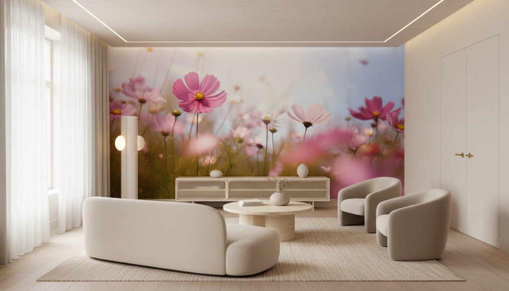 Papier peint cosmos roses délicats champ fleuri lumineux pastoral - Salon / Séjour