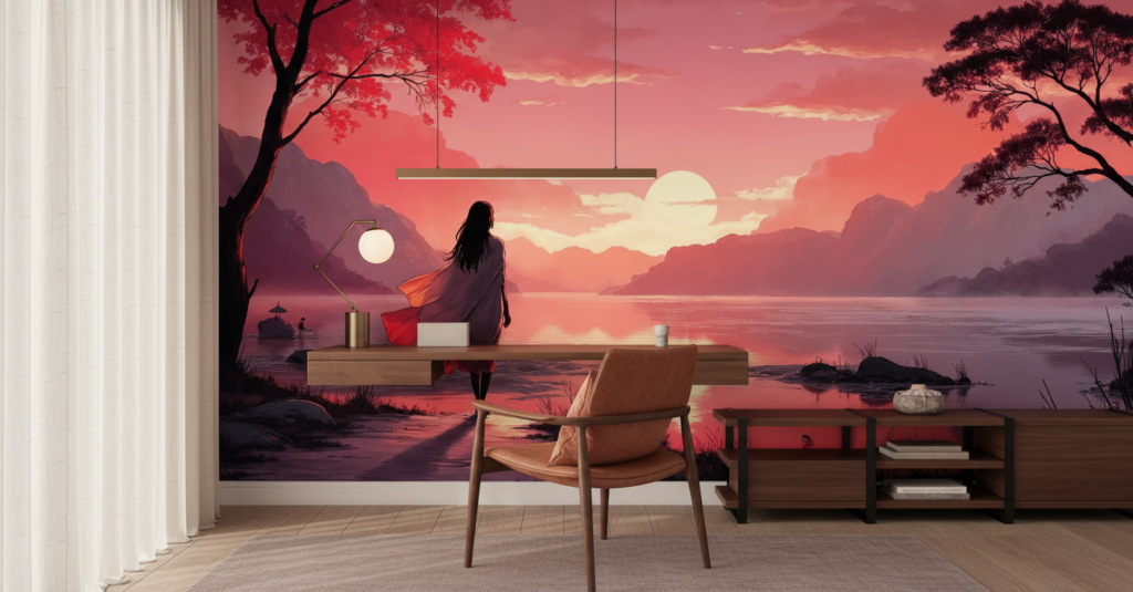 Papier Peint Coucher de Soleil sur Lac Montagneux Style Asiatique - Bureau