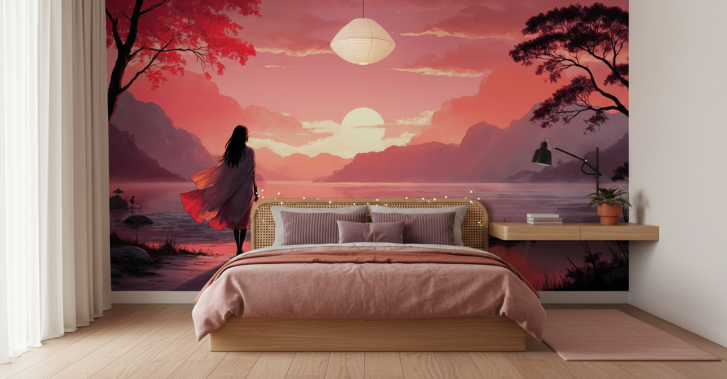 Papier Peint Coucher de Soleil sur Lac Montagneux Style Asiatique - Chambre ado