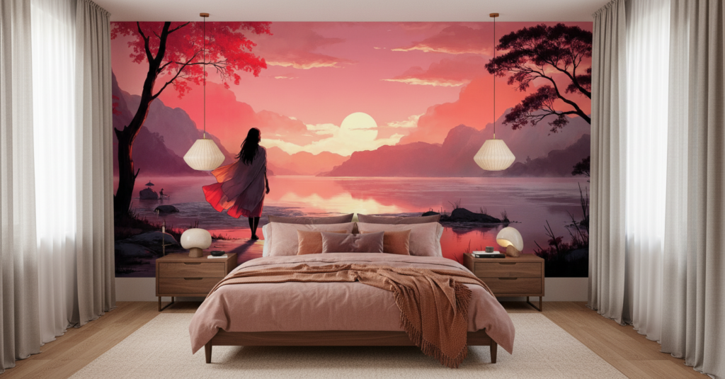 Papier Peint Coucher de Soleil sur Lac Montagneux Style Asiatique - Chambre adulte