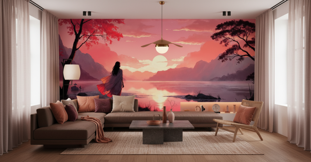 Papier Peint Coucher de Soleil sur Lac Montagneux Style Asiatique - Salon / Séjour
