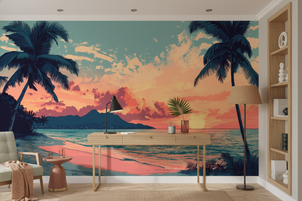 Papier Peint Coucher de Soleil Tropical avec Palmiers et Plage - Bureau