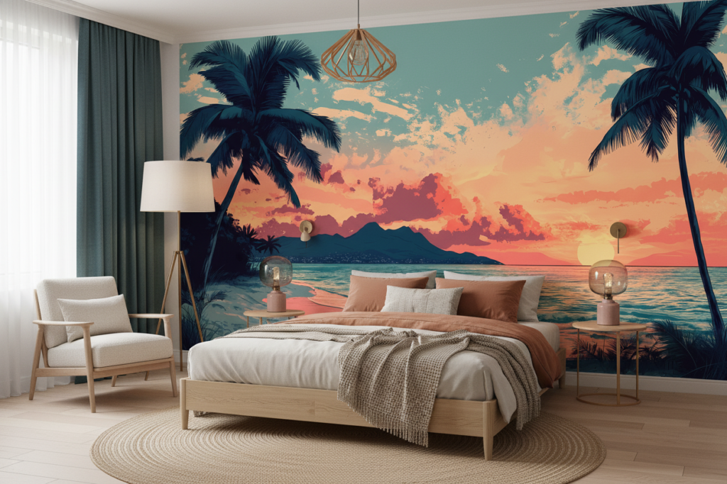 Papier Peint Coucher de Soleil Tropical avec Palmiers et Plage - Chambre adulte