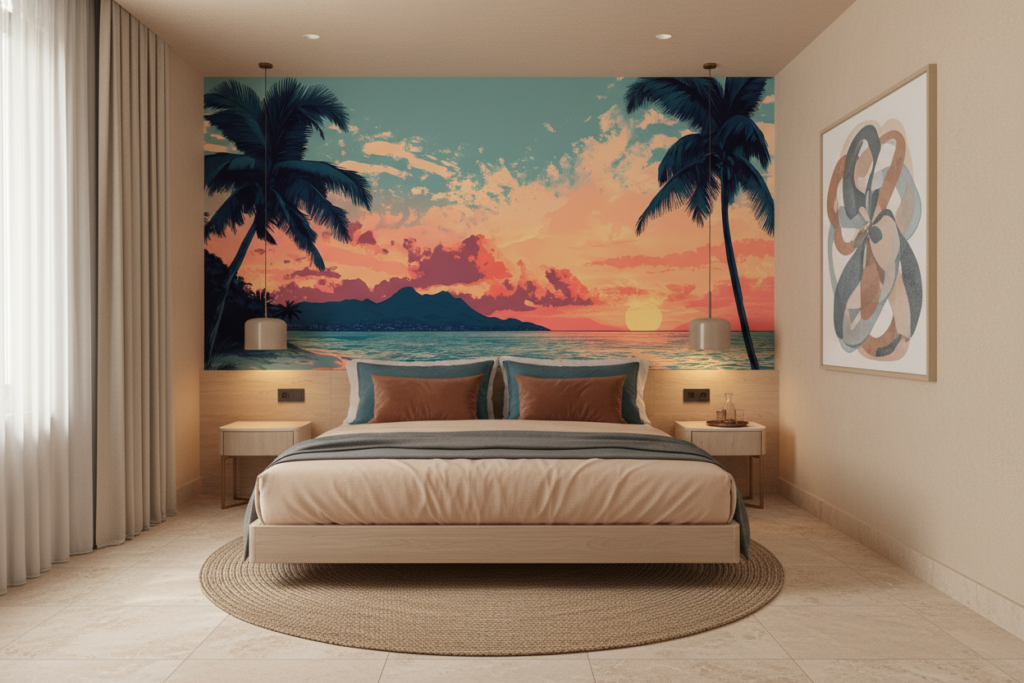 Papier Peint Coucher de Soleil Tropical avec Palmiers et Plage - Hôtel