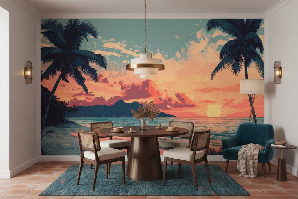 Papier Peint Coucher de Soleil Tropical avec Palmiers et Plage - Salle à manger