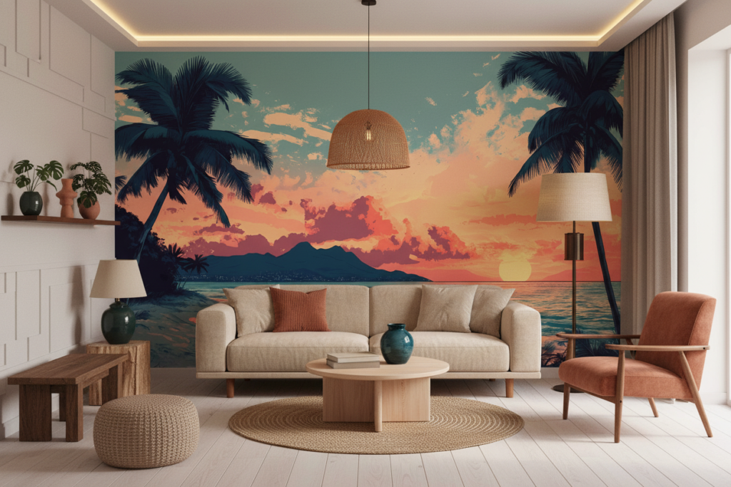 Papier Peint Coucher de Soleil Tropical avec Palmiers et Plage - Salon / Séjour