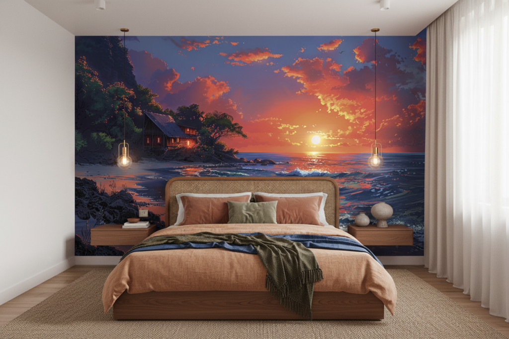 Papier peint coucher de soleil tropical cabane océan - Chambre adulte