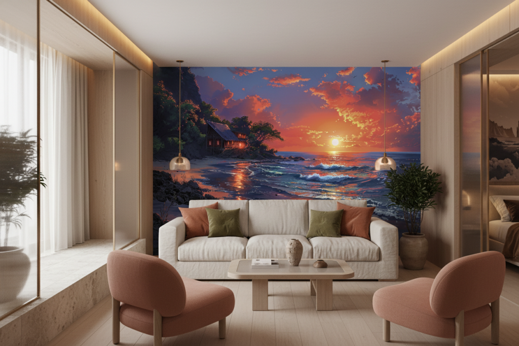 Papier peint coucher de soleil tropical cabane océan - Hôtel