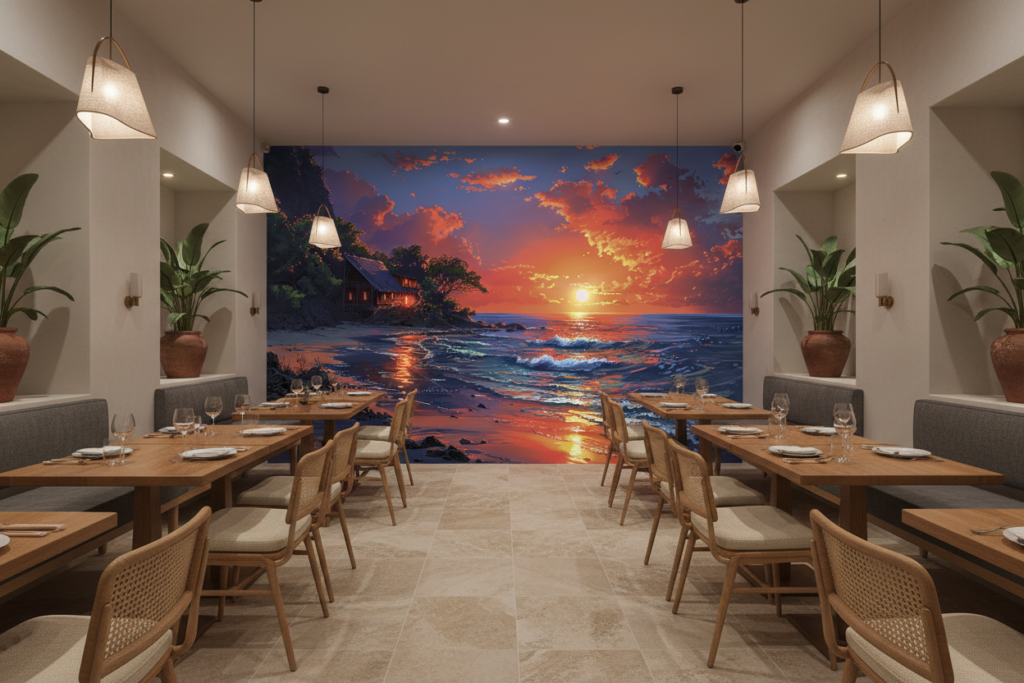 Papier peint coucher de soleil tropical cabane océan - Restaurant