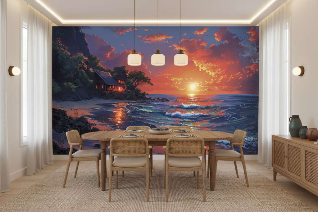 Papier peint coucher de soleil tropical cabane océan - Salle à manger