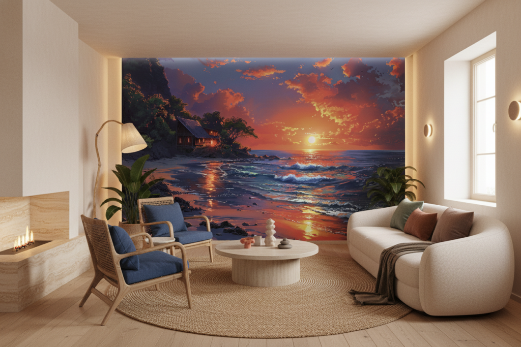 Papier peint coucher de soleil tropical cabane océan - Salon / Séjour