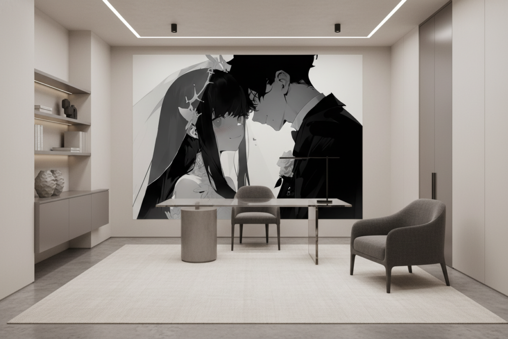Papier peint couple romantique anime noir et blanc intimité - Bureau