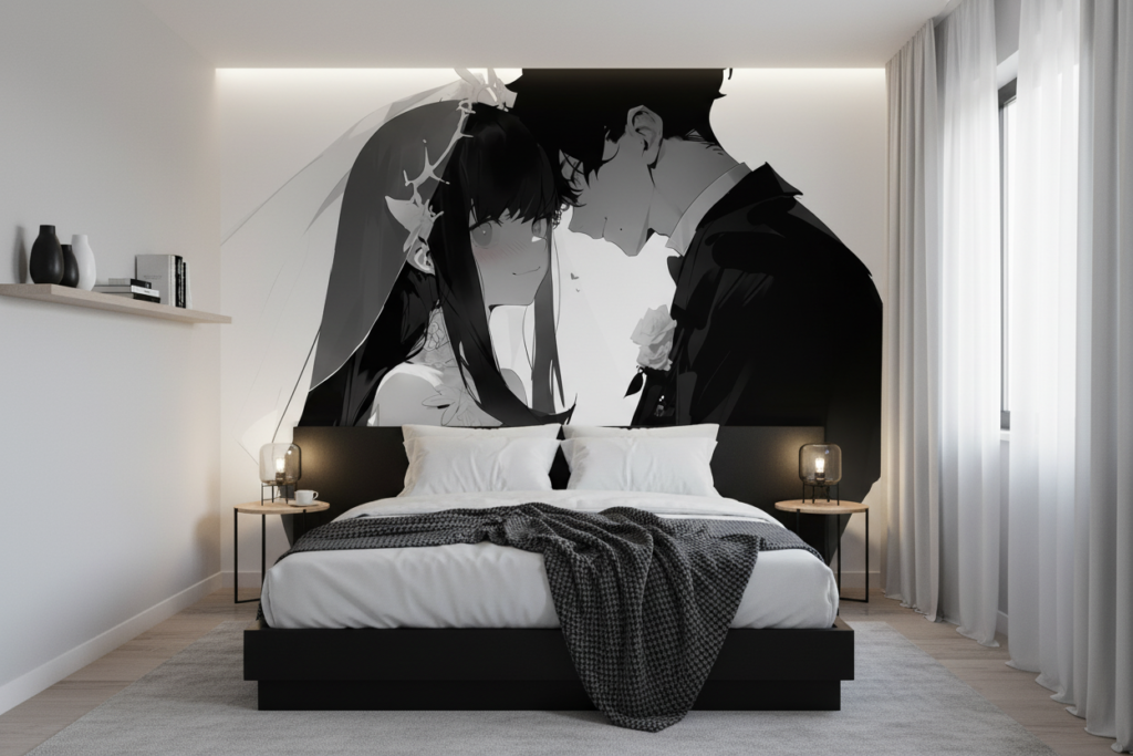 Papier peint couple romantique anime noir et blanc intimité - Chambre ado