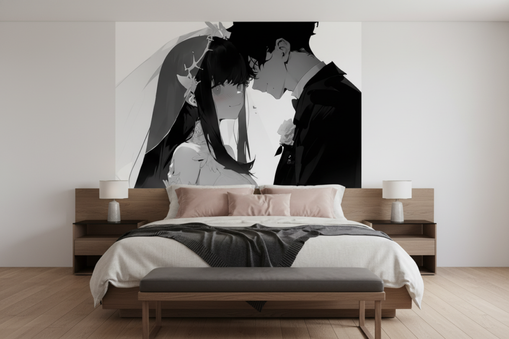 Papier peint couple romantique anime noir et blanc intimité - Chambre adulte