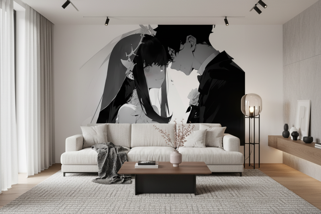 Papier peint couple romantique anime noir et blanc intimité - Salon / Séjour