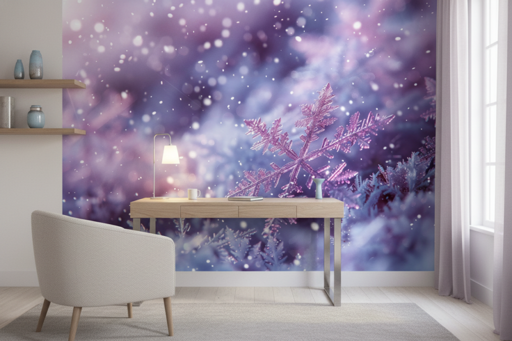 Papier peint cristaux de neige violets et flocons magiques - Bureau