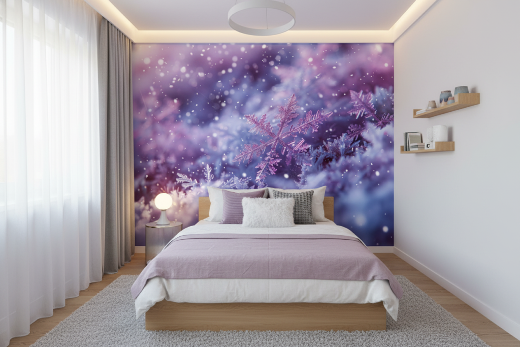 Papier peint cristaux de neige violets et flocons magiques - Chambre ado
