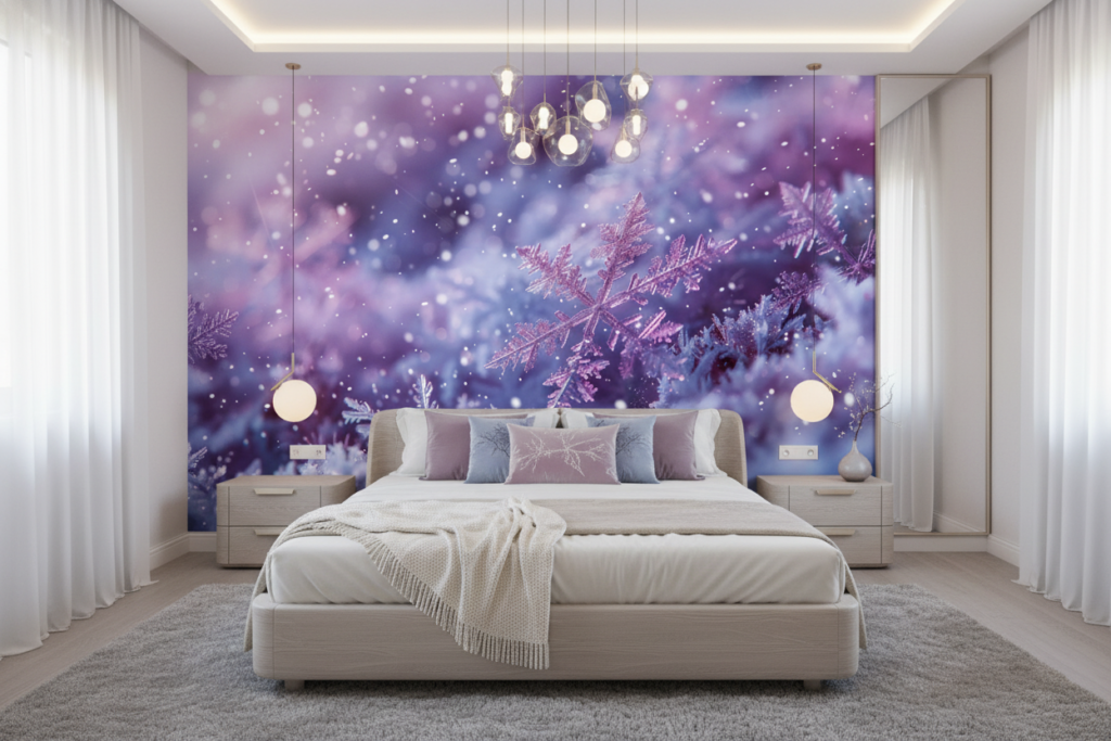 Papier peint cristaux de neige violets et flocons magiques - Chambre adulte