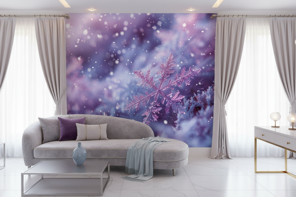 Papier peint cristaux de neige violets et flocons magiques - Salon / Séjour