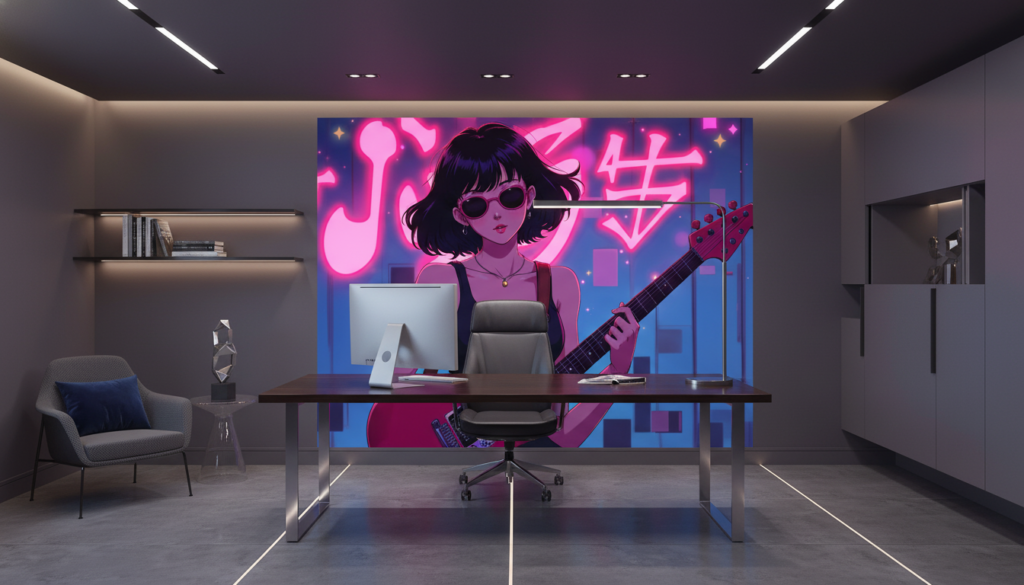 Papier Peint Cyberpunk Anime Femme Guitariste Néons Roses - Bureau