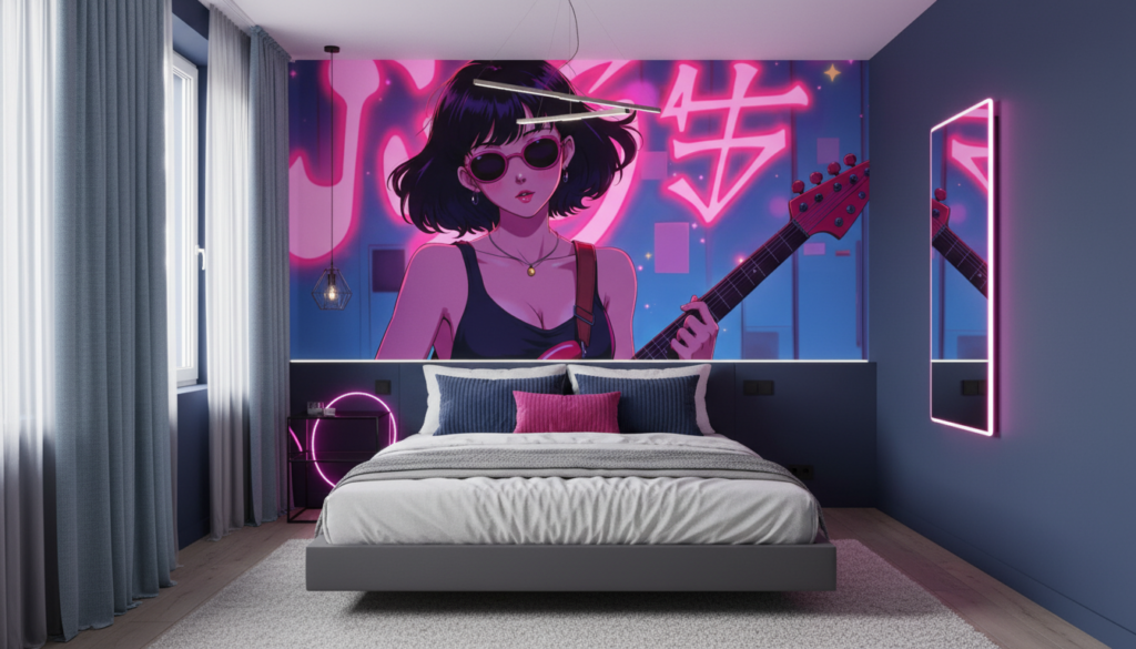 Papier Peint Cyberpunk Anime Femme Guitariste Néons Roses - Chambre ado