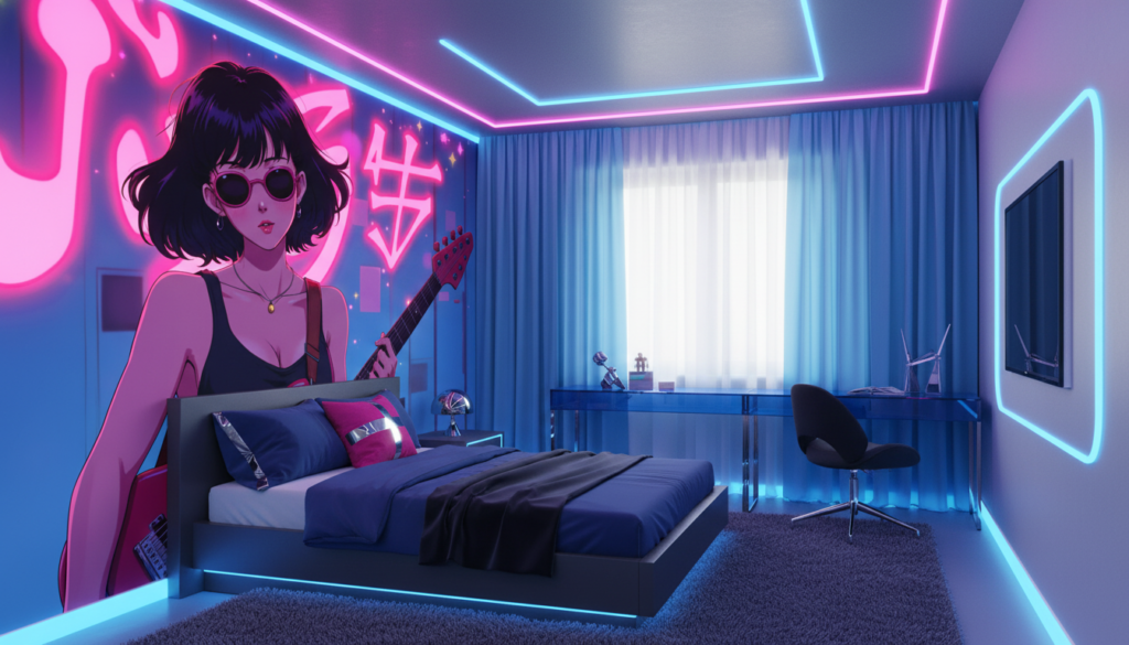Papier Peint Cyberpunk Anime Femme Guitariste Néons Roses - Chambre enfant