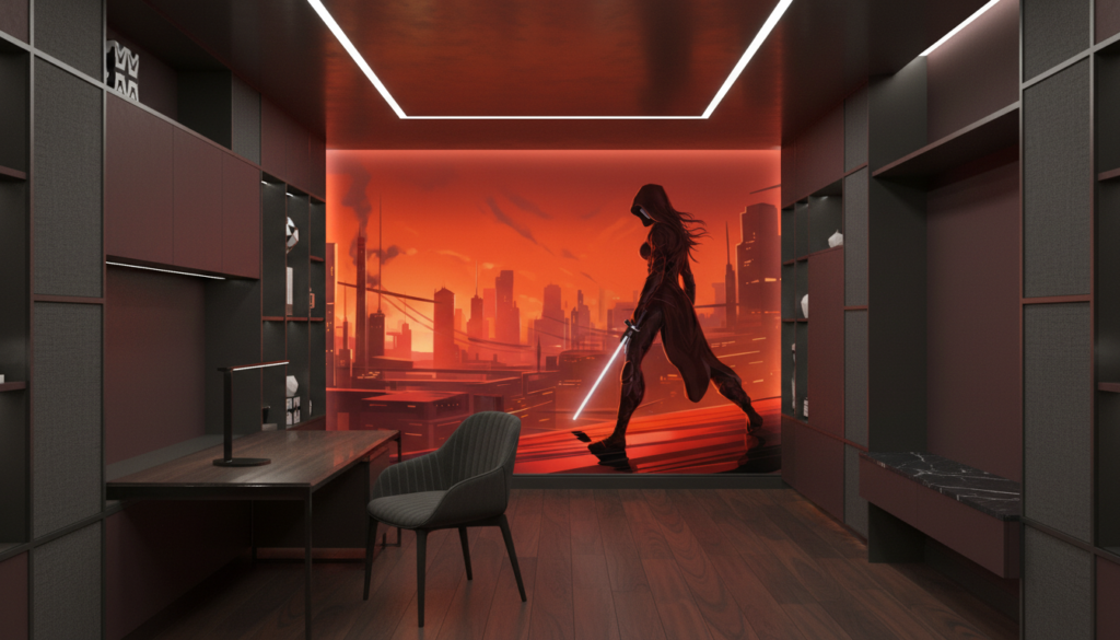 Papier peint cyberpunk guerrière futuriste ville rouge orange - Bureau