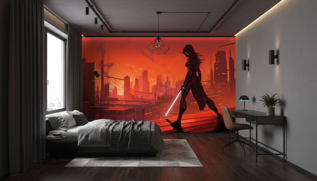 Papier peint cyberpunk guerrière futuriste ville rouge orange - Chambre ado