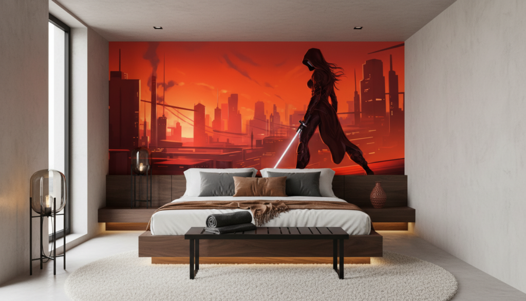 Papier peint cyberpunk guerrière futuriste ville rouge orange - Chambre adulte