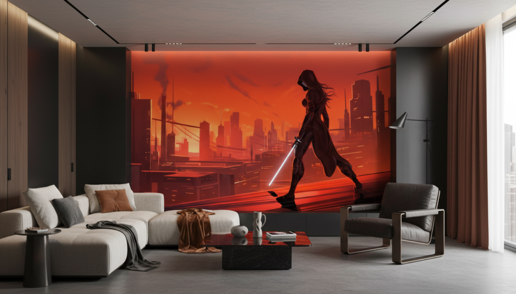 Papier peint cyberpunk guerrière futuriste ville rouge orange - Salon / Séjour