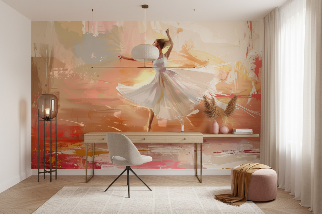 Papier peint danseuse abstraite aux tons chauds dorés rosés - Bureau