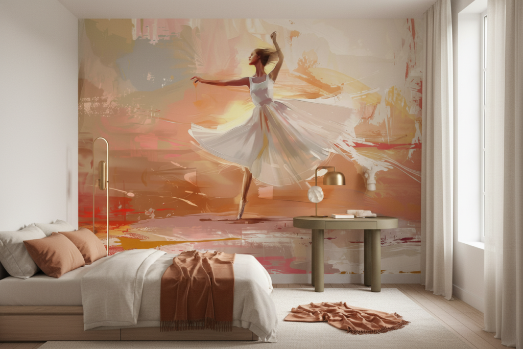 Papier peint danseuse abstraite aux tons chauds dorés rosés - Chambre ado