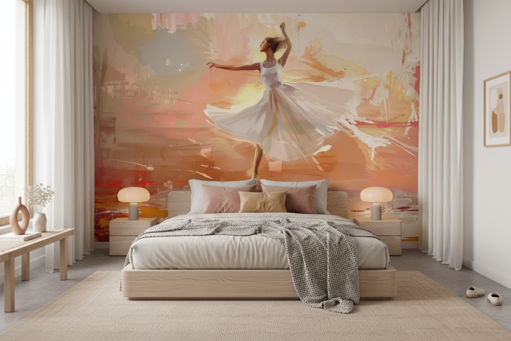 Papier peint danseuse abstraite aux tons chauds dorés rosés - Chambre adulte