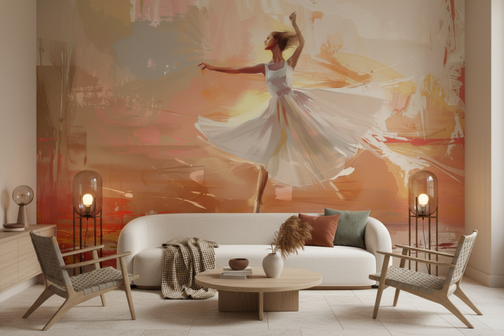 Papier peint danseuse abstraite aux tons chauds dorés rosés - Salon / Séjour