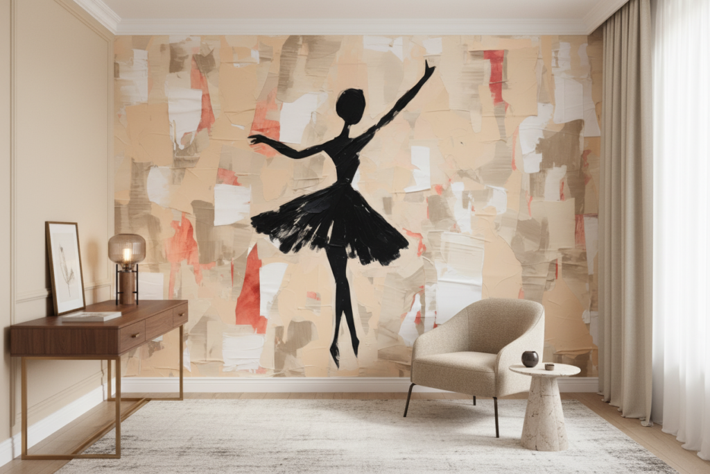 Papier peint danseuse silhouette noire sur fond abstrait beige corail - Bureau