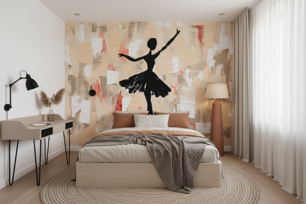 Papier peint danseuse silhouette noire sur fond abstrait beige corail - Chambre ado