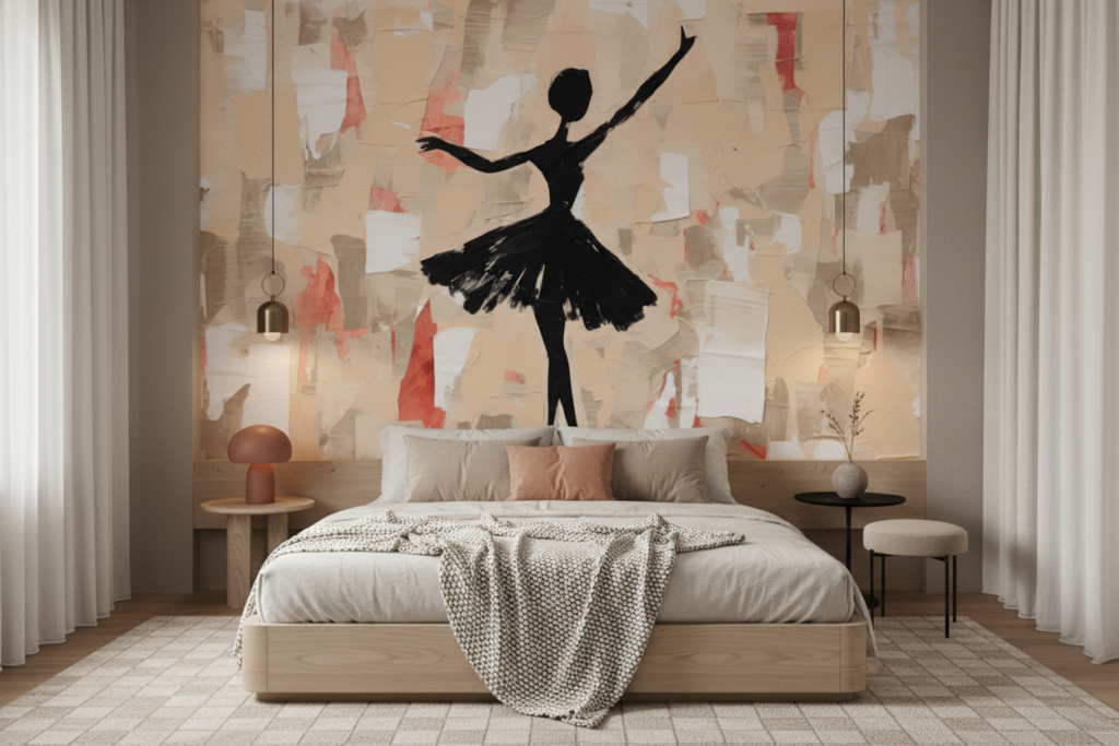 Papier peint danseuse silhouette noire sur fond abstrait beige corail - Chambre adulte
