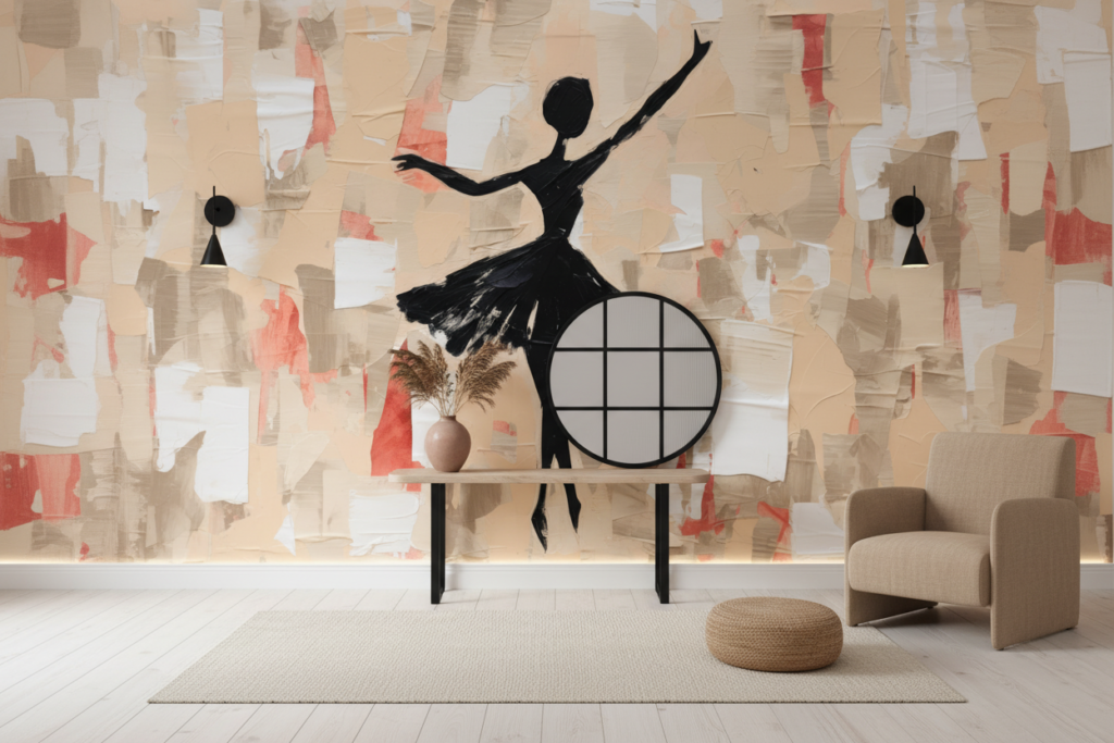 Papier peint danseuse silhouette noire sur fond abstrait beige corail - Entrée