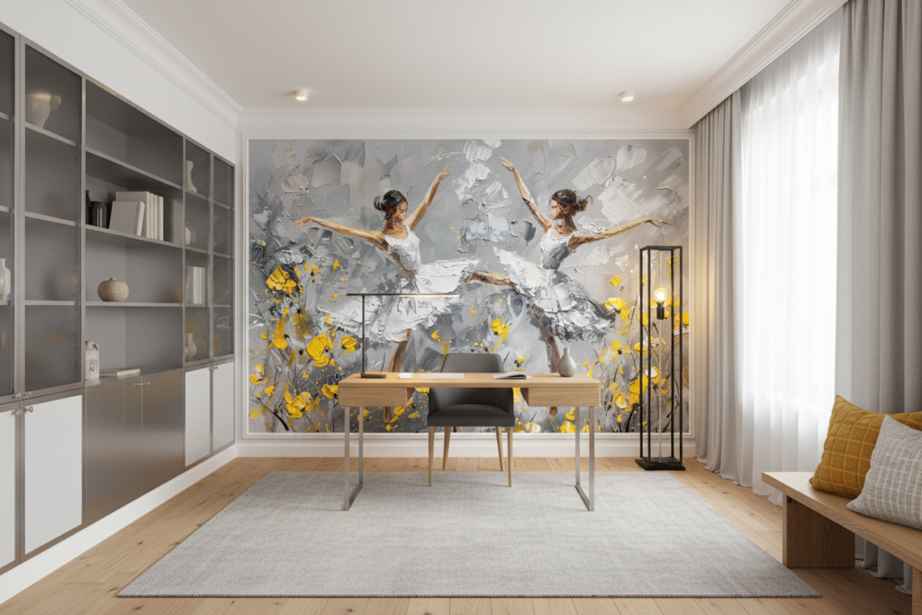 Papier peint danseuses ballet contemporain fleuri jaune et gris - Bureau